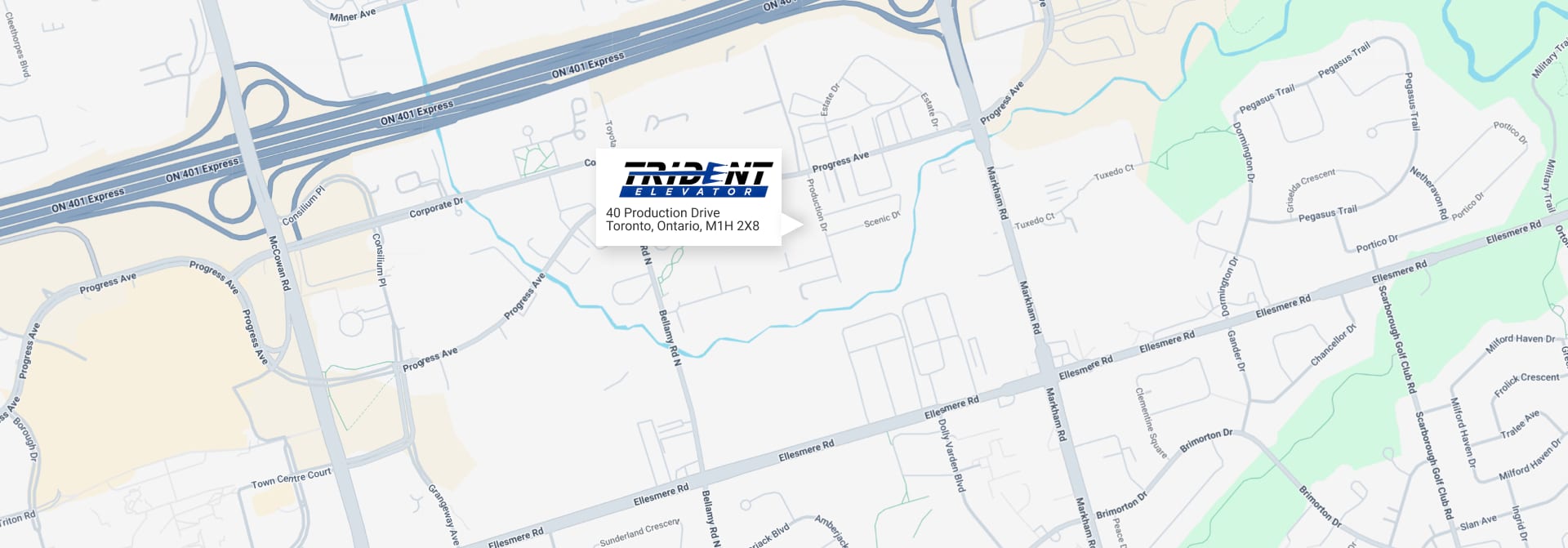 Map showing Trident Elevator at 40 Production Drive, Toronto